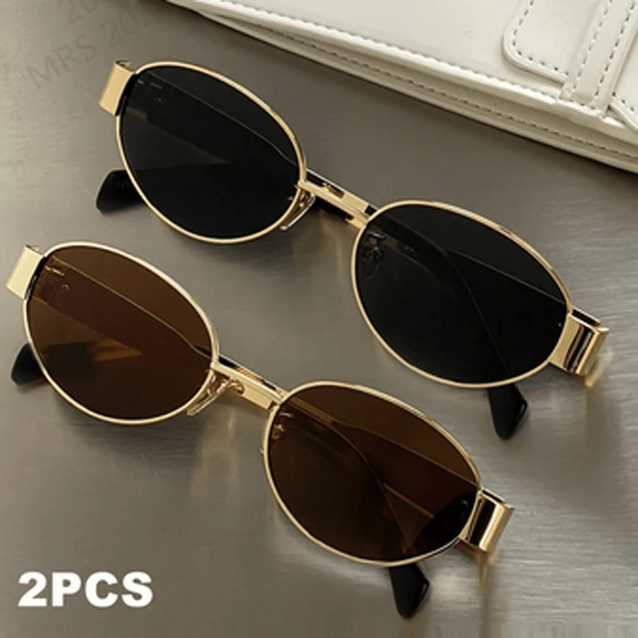 2pcs Women's Metal Frame Oval Fashionable Glasses, Suitable For Daily Wear For Summer Beach Vacation,Outdoor,Travel - Multicolor - View 1