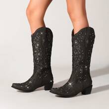 Pasuot Western Cowboy Boots For Women Wide Calf Cowgirl Boots Women's Glitter Rhinestone Wedding Boots Vintag Tall Knee High Boots With Embroidery And Heel Black Shoes - 黑色 - 查看 2