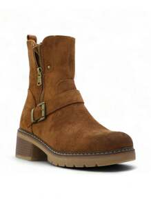 Retro Distressed Suede Zipper Western Cowboy Ankle Boots - Camel - View 2