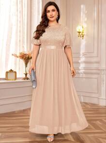 Vestido largo de fiesta de gasa con mangas de mariposa de encaje con lentejuelas, plisado en el bajo, para invitada de boda, cumpleaños, baile de graduación, cena, festivales - Champán - Ver 5