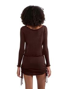 Women 2-Piece Knitted Outfits Solid Color Long Sleeves Sweater And Side Drawstring Mini Skirt Set For Streetwear - Chocolate Brown - View 6