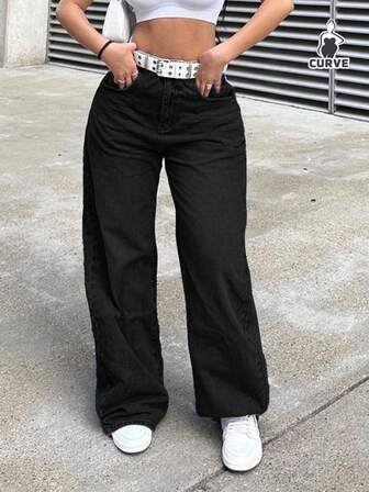 سراويل جينز نسائية بخصر مطاطي وفضفاض، قدم مستقيم