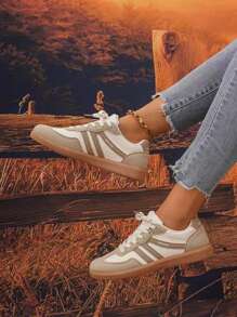 Women's Fashion Sneakers, PU Leather Casual Shoes, White Tennis Low-Top Shoes, Women's Lace-Up Athletic Shoes