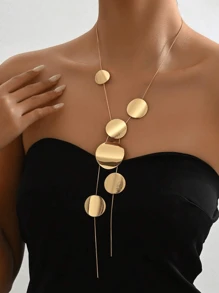 1 件女士长款时尚镂空几何圆盘链项链，优雅 - 金色 - 查看 3