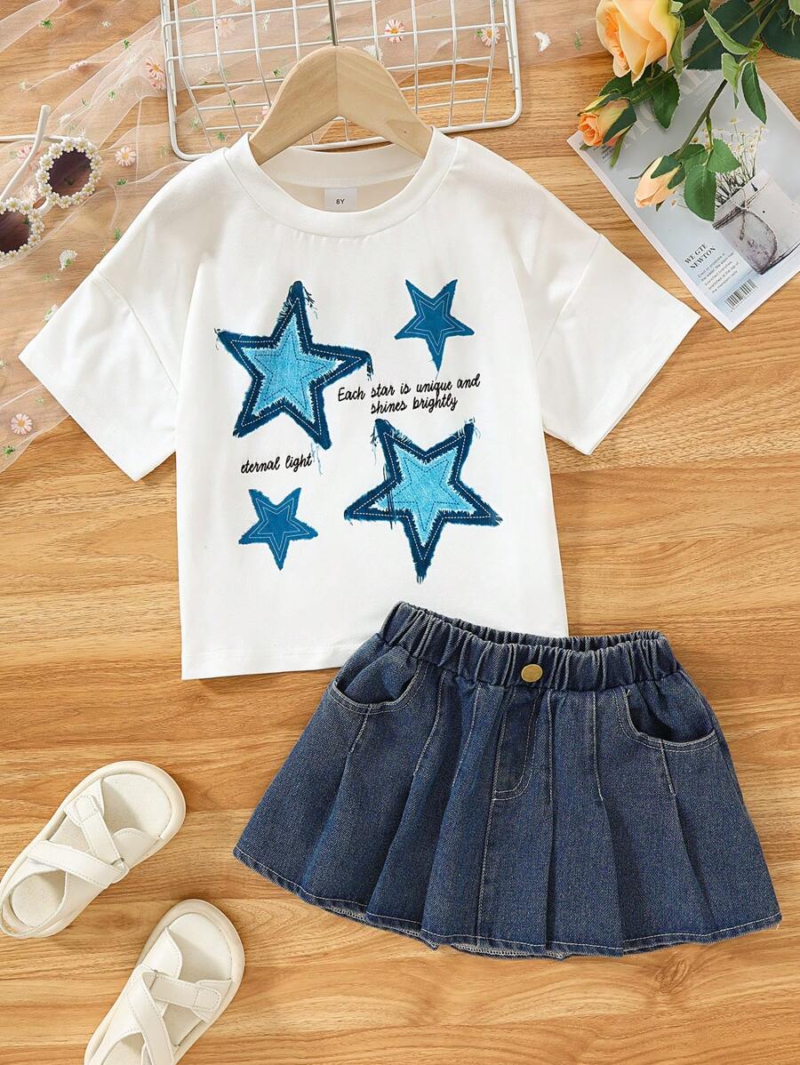 2pcs Girls 8-12 Years Casual Short Sleeve T-Shirt + Denim Skirt Set, Summer