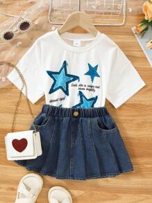 2pcs Girls 8-12 Years Casual Short Sleeve T-Shirt + Denim Skirt Set, Summer