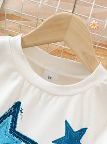 2pcs Girls 8-12 Years Casual Short Sleeve T-Shirt + Denim Skirt Set, Summer