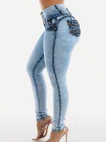 MX JEANS Light Acid Wash Butt Lift Mid Rise Skinny Jeans - Multicolor - View 4