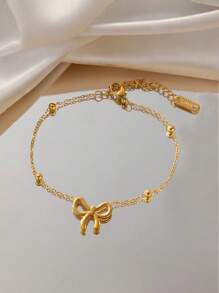 1pc Women Gold-Tone Stainless Steel Beaded Bow Link Chain Bracelet Fashionable Daily Versatile Jewelry Accessory Gift - Gold - View 7