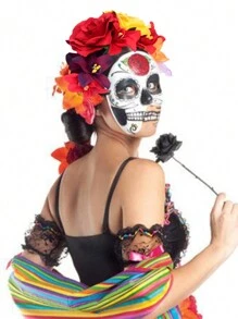 Ngày Của Người Chết Đầu Trang Phục Hoa Hồng Mexico Hoa Đầu Đỏ Hoa Hồng Đen Hoa Thái Đầu Halloween Trang Phục Hóa Trang Mũ Trụ - Nhiều màu - Xem 3