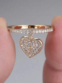 1 pezzo Anello a pendente con design a cuore creativo in rame con zirconia cubica, accessorio brillante adatto per Capodanno, San Valentino, feste e uso quotidiano - Oro giallo - Visualizzare 6