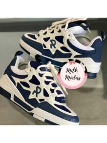 Skate Sneaker Griffes Luxury Leather Comfortable Lightweight Men's Women's Shoes - Trắng và xanh nước biển - Xem 3