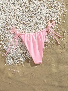 PEPPERMOLLY Nuovo pezzo sotto di costume da bagno elegante con vita alta e laccetto, colore tinta unita, moda spiaggia estiva per donna - Rosa - Visualizzare 2