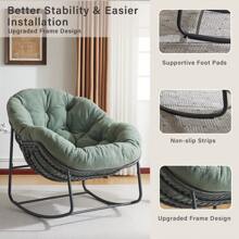 Patio Rocking Chair With Padded Cushion Indoor Outdoor Comfy Papasan Rocker Chair With Upgraded Steel Frame Oversized Rattan Egg-Shaped Lounge Chair For Front Porch, Garden, Bedroom - Green - View 6