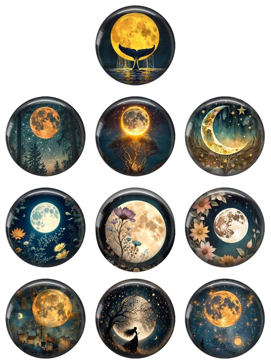 10pcs 12mm/20mm/25mm Beauty Moon And Floral Art Paintings 10pcs Mixed Round Photo Glass Cabochon Demo Flat Back Making Findings