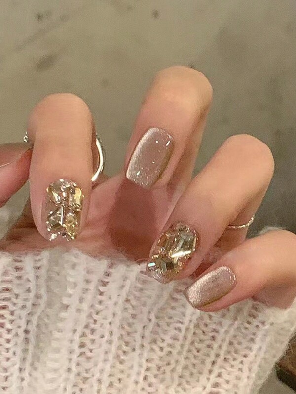 24pcs Short Round French Manicure False Nails With Glitter Champagne Rhinestone Full Cover Nail Tips Set, Upgrade Your Look For Party, Wedding, Daily Wear Press On Nails