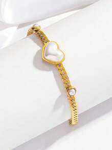 1pc Pearl Heart Stainless Steel Bracelet, Suitable For Women's Daily Wear - Gold - View 4