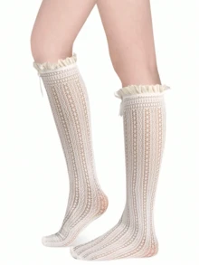 蝴蝶结装饰荷叶边蕾丝过膝袜 蝴蝶结边饰蕾丝中筒袜 可爱JK日式过膝袜 蕾丝镂空设计过膝袜 女士过膝袜 蕾丝腿套 蕾丝蝴蝶结过膝袜 JK风格洛丽塔过膝袜 女士紧身裤和长筒袜