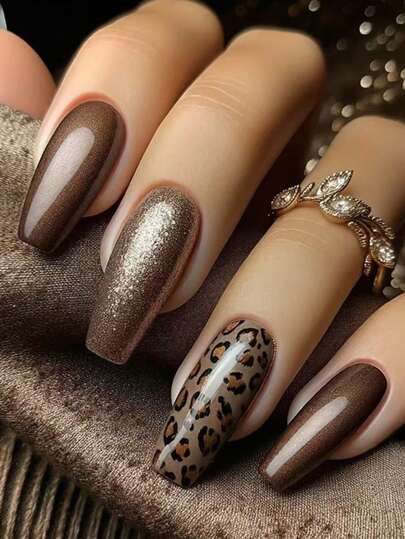 24 New Long Ballet Euro-American Style Girly Fashion Display White Caramel Fine Shimmer Leopard Print Full Cover Fake Nails Gloss Nails Holiday Acrylic Nails Reusable Nail Flakes, Perfect For Girls And Girls. Press On Nails Nail Supplies Nails