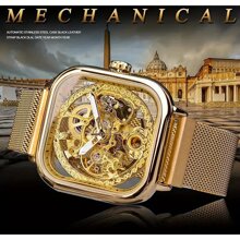 FORSINING Luxury Hollow Out Square Golden Mens Automatic Self Wind Mechanical Steampunk Mesh Watch Nice Gift - Vàng - Xem 2