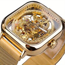 FORSINING Luxury Hollow Out Square Golden Mens Automatic Self Wind Mechanical Steampunk Mesh Watch Nice Gift - Vàng - Xem 6