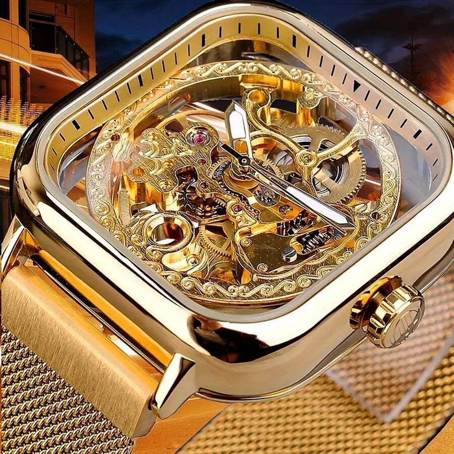 FORSINING Luxury Hollow Out Square Golden Mens Automatic Self Wind Mechanical Steampunk Mesh Watch Nice Gift - Vàng - Xem 1