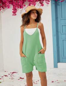 Standard Size Women's Casual Sleeveless Adjustable Shoulder Straps Loose Solid Color Slightly Elastic Jumpsuit With Pockets - 綠色 - 查看 5