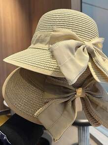Dames lente/zomer brede rand zonnehoed, Koreaanse stijl veelzijdige zonbescherming strandhoed met strik, casual elegante outdoor strohoed, polyester, effen kleur