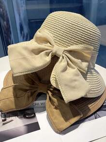 Dames lente/zomer brede rand zonnehoed, Koreaanse stijl veelzijdige zonbescherming strandhoed met strik, casual elegante outdoor strohoed, polyester, effen kleur