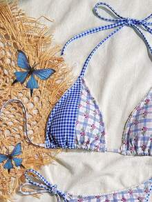 全新拼色格子吊带比基尼，清新性感女士夏季沙滩时尚泳装