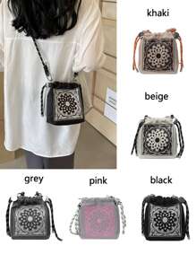 Embroidered Vintage Style Bucket Handbag For Women, New Design, Niche Brand, Versatile Commute Shoulder Bag, Paisley Flower & Ball Chain Detail, Crossbody, Exquisite Floral Bag For Women - Multicolor - View 2