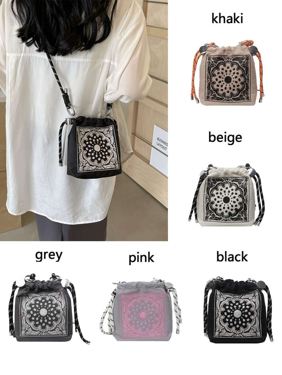 Embroidered Vintage Style Bucket Handbag For Women, New Design, Niche Brand, Versatile Commute Shoulder Bag, Paisley Flower & Ball Chain Detail, Crossbody, Exquisite Floral Bag For Women