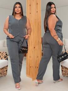 Women's Tailored Set Plus Size 48 50 52 Cropped Top Strappy Dress Pants 46 48 50 52 54 GG G1 G2 - Premium - 深灰色 - 查看 2
