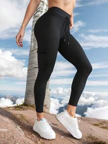 Summer Workout High Waist High Elasticity Fabric Leggings, Suitable For Outdoor Fitness, Sports, Daily Casual Wear, With Drawstring Black Spring - Black - View 5
