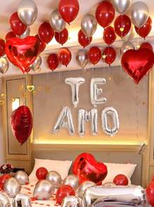 29 件气球和 200 件花瓣银色“TE AMO”字母气球套装，我爱你气球，银色金属气球，红色心形气球，适用于情人节派对、求婚、婚礼、周年纪念装饰、浪漫氛围、爱情主题、2025 年情人节、新年、房间装饰、返校情人节 - 銀色 - 查看 3