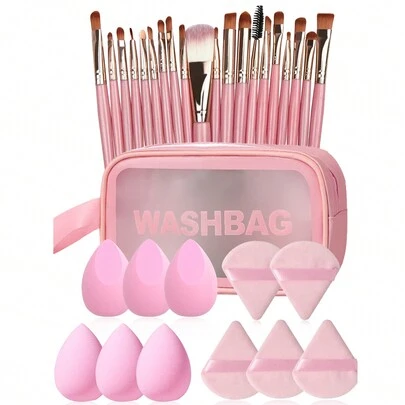 32件套化妆刷套装，包含化妆海绵、粉扑、粉底刷、腮红刷、面部刷、眼部刷、眉刷、混合刷、遮瑕刷、化妆海绵、天鹅绒三角粉扑、化妆海绵、美妆蛋、化妆工具。柔软亲肤，不含乳胶，适合所有肤质。可用于腮红、粉底、保湿霜和散粉，干湿两用。化妆、价格实惠、房间装饰、梳妆台、旅行、卧室、化妆配件、粉扑、美妆蛋、粉扑、化妆海绵、价格实惠、圣诞礼物、化妆品、化妆工具、便宜好物、礼物、女士礼物、圣诞礼物、赠品、旅行、便宜好物、旅行必备品。
