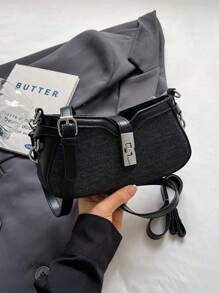 Bolsa de ombro bicolor da moda, bolsa de transporte para o trabalho e compras, bolsa elegante em formato de crescente, bolsa tiracolo feminina - Preto - Ver 4