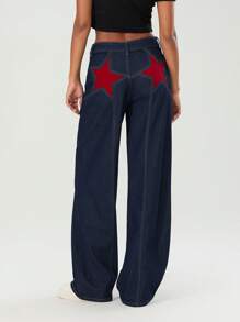 Women Fashion Jeans Star Pattern Loose Denim Pants Spring Fall Casual Low Waist Trousers