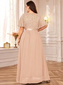 Vestido largo de fiesta de gasa con mangas de mariposa de encaje con lentejuelas, plisado en el bajo, para invitada de boda, cumpleaños, baile de graduación, cena, festivales - Champán - Ver 2