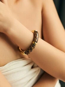 ORNAPEADIA 1 件波西米亚豹纹纯色树脂弹性手链，适合女士日常穿着和派对、礼物 - 圓形 - 查看 20