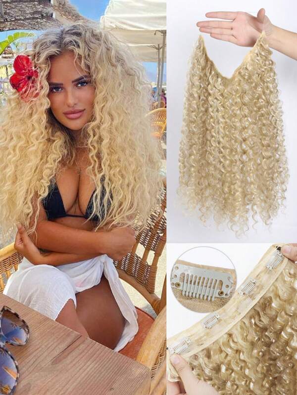 Extensiones de cabello invisibles con cable de pescar de 16 pulgadas, extensiones de cabello sintético rizado afro con clips ajustables y cable de pescar