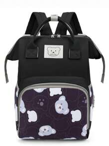 1 件熊印花色块装饰尼龙婴儿奶瓶手提袋，大容量拉链封口，便携式设计适合妈妈日常使用