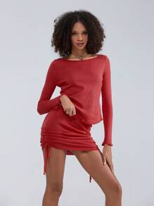Women 2-Piece Knitted Outfits Solid Color Long Sleeves Sweater And Side Drawstring Mini Skirt Set For Streetwear - Rose Red - View 4