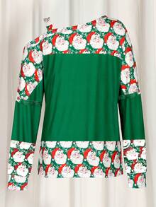 Santa Claus & Snowflake Graphic Asymmetrical Neck Casual T-Shirt, Spring And Autumn - Green - View 4
