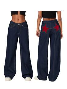Women Fashion Jeans Star Pattern Loose Denim Pants Spring Fall Casual Low Waist Trousers