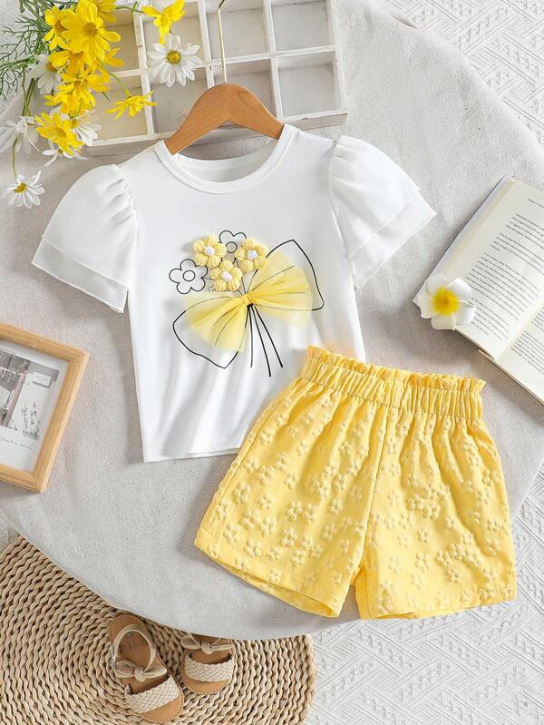Conjunto de 2 piezas para niña joven, con top de gasa con cuello redondo con parche de lazo de malla floral 3D y shorts de tejido jacquard acampanado, adecuado para salidas, vacaciones y verano