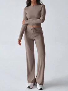 Bộ đồ hai mảnh nữ GAOVOT mùa xuân hè phong cách Y2K thể thao năng động, thường ngày, mặc nhà, màu trơn, gồm áo thun dài tay ôm dáng và quần dài có dây rút. - Lạc đà - Xem 6