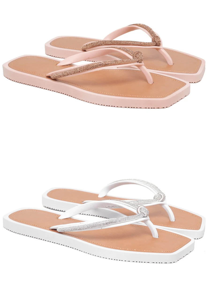 Kit 2 Pares Chinelo Feminino Quadrado Bicolor Correias Com Nó De Strass Aplique Pedraria Casual Macio Lançamento 2025 - Branco e Rosa - Visão 1