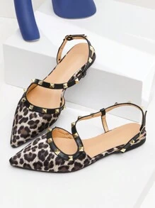 Women Leopard Pattern Flat Sandals With Toe Ring, Stud Decor, Pointed Toe, Buckle Strap - Multicolor - View 8