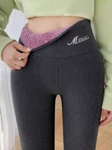 1 Stück 400g dicke Wolkenfleece Leggings für Damen, hoher Bund, Thermo, modische Stickerei